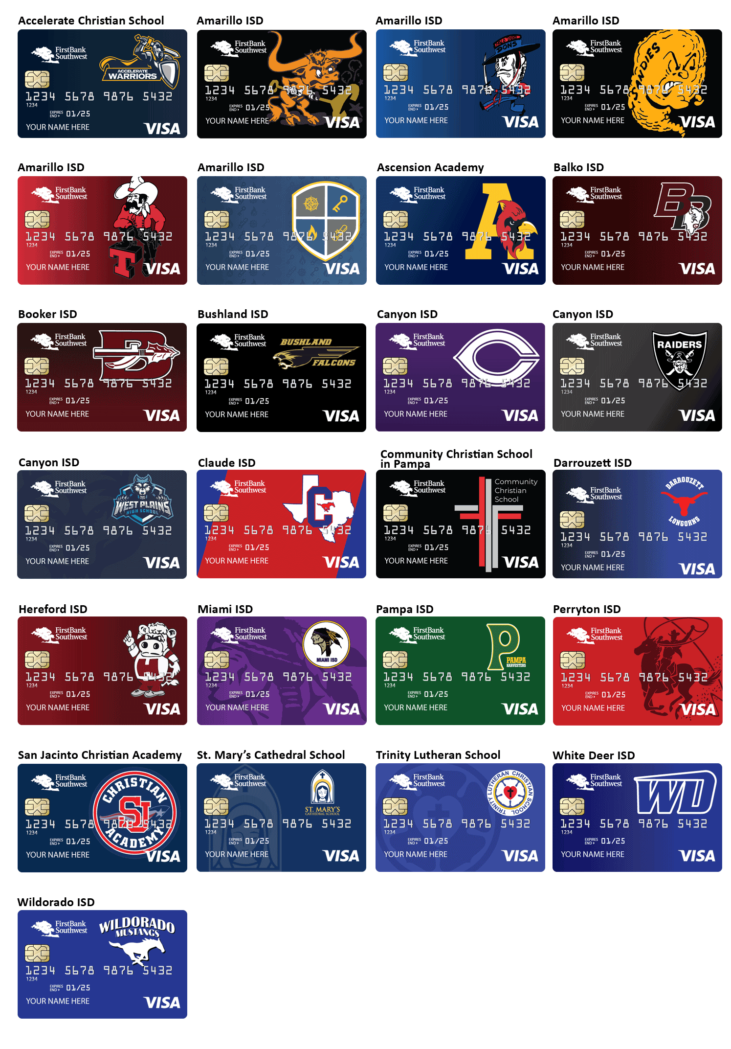 Pictures of each of the School Spirit Cards for our various schools