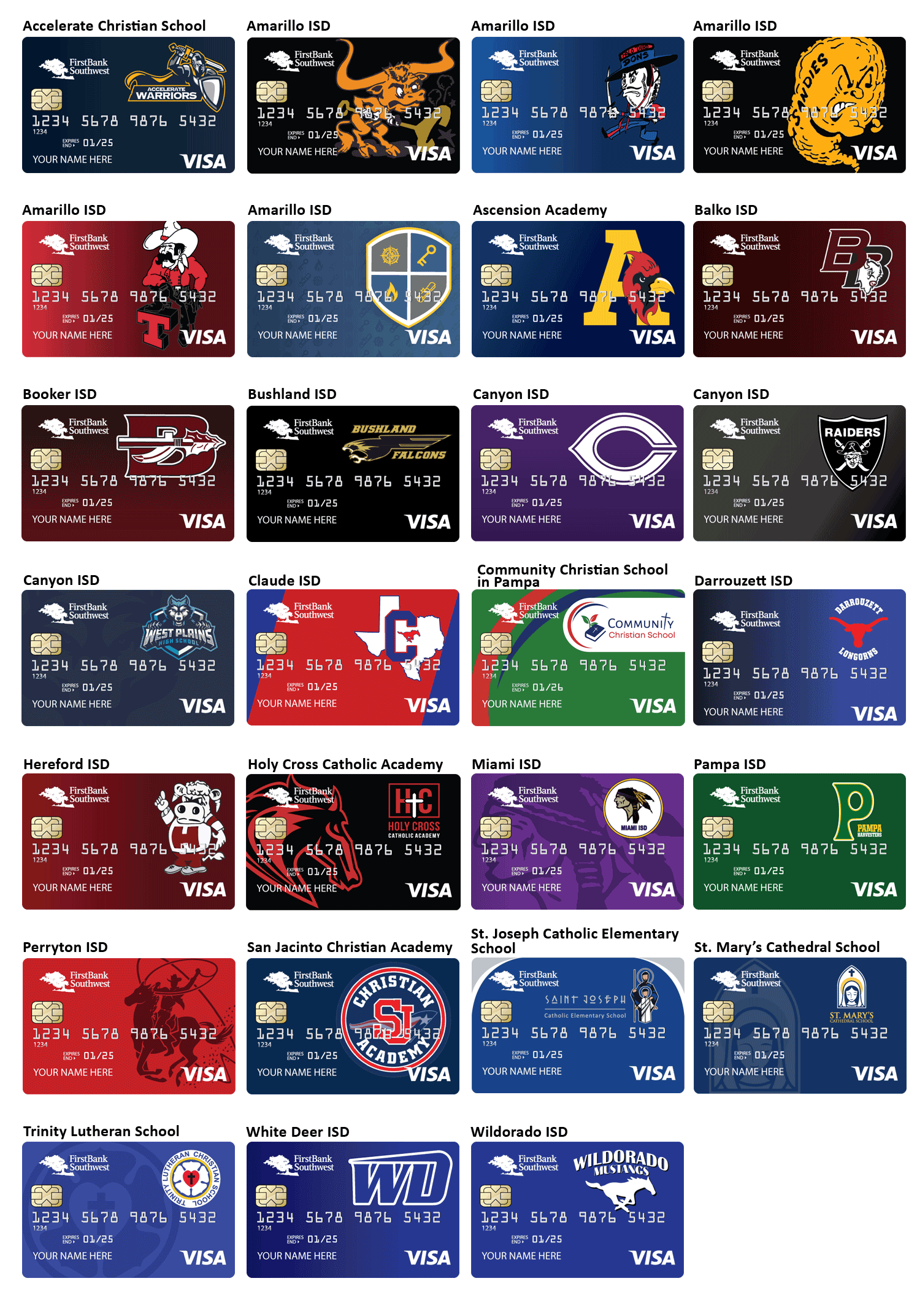 Pictures of each of the School Spirit Cards for our various schools
